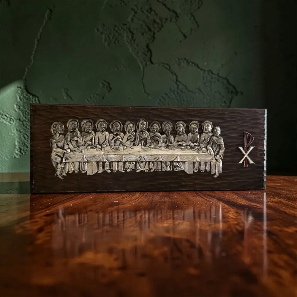 Vintage Last Supper Wood Carved Wall Art Panel Christian Chi Rho Decor